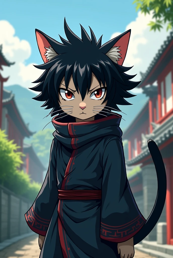 Cat with squinty eyes, with Sasuke wig and ninja dress
