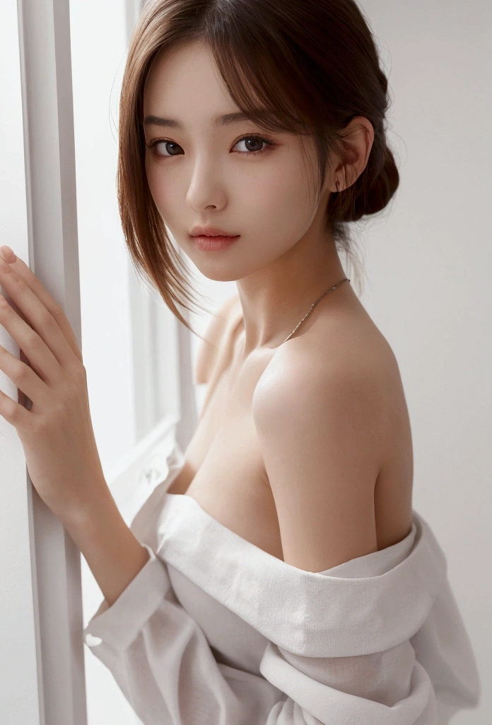 (Best Quality), (Masterpiece), 8K, 32K Image of a beautiful Japanese woman with medium, shoulder-length hair. The image should be centered on her upper body and have superficial focus. She should be wearing a long-sleeved shirt and a necklace on a simple white background. Photos should be taken from above and a mix of 4 different photos. Images should be 8K, pristine photo quality, and should be masterpieces. It should be photorealistic and photorealistic, with a weight of 1.37 for photorealism. The image should feature a sexy girl with big , shot in natural light using photon mapping and physically based rendering. The overall style should be girlish, with excellent picture quality and a resolution of up to 1080P. The girl's face should be clean and her hands should be described in detail, including the masseter muscles. The CG details must be rich and the images must have the ultimate light and shadow. The girl's hair should look dirty and the image should be a masterpiece of rich detail and exquisite facial features. The eyes also need to be delicate, and the collarbones also need to be delicate. Girls should strike a variety of poses and should not look into the camera. Images should be taken from the side of a room with a window, against a white wall or in front of a white door. The girl should wear sexy clothes that expose her breasts.