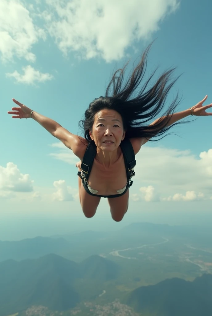 An elderly Japanese woman skydiving completely naked, 5, not wearing a parachute, descending from an altitude of 3000m, black hair, long wavy hair, high resolution, photo quality,