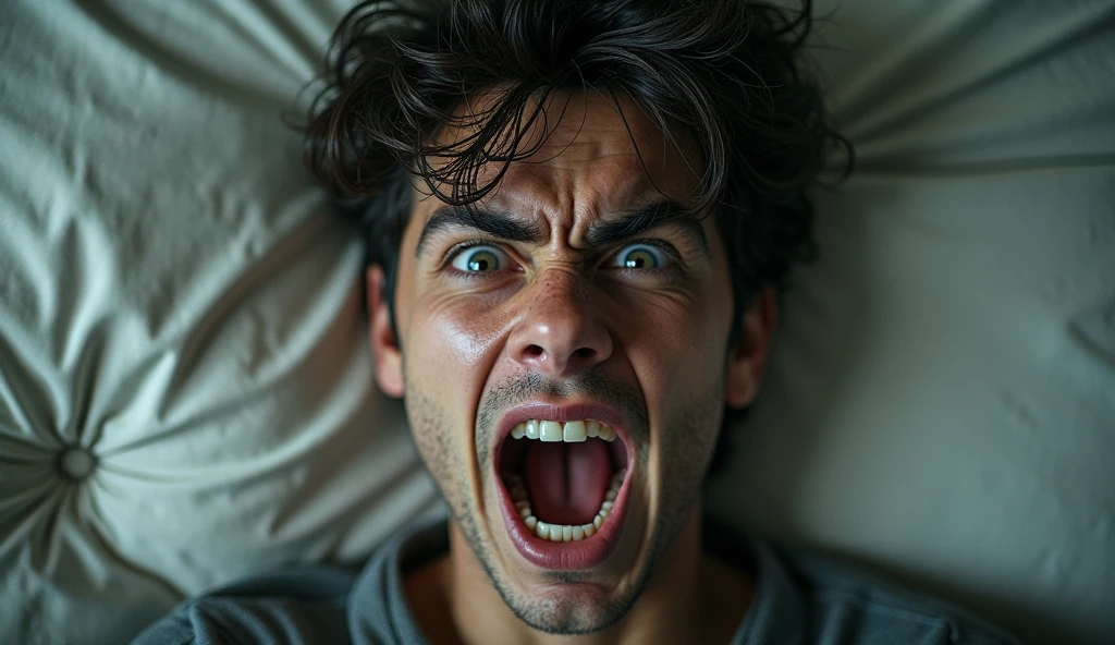 A young man going crazy from overwork, perspiring, bulging gaze, messy hair, tired expression