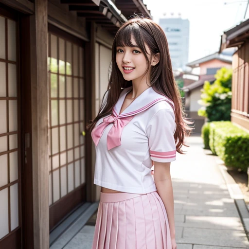 laughing out loud,pink collar, Wear student sailor uniform, Sailor uniform is white with pink collar,pink collar子,Pink pleated skirt,Pink navy collar,(knee shot), 1 girl, On the face, light brown hair, blunt bangs, hair behind ears, Hair over the shoulders, long hair, Slender body type, Super thin face, face slimming, delicate lips, beautiful eyes, Thin blush, Eyes are light brown,Check it out here, (realistic:1.3), Standing next to a Japanese street, 8k, , Super detailed, high quality, best quality, High resolution, ,Large Breasts,H CUP,