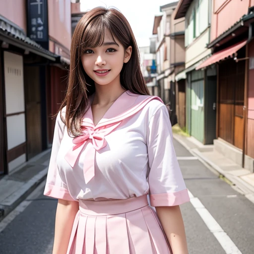 laughing out loud,pink collar, Wear student sailor uniform, Sailor uniform is white with pink collar,pink collar子,Pink pleated skirt,Pink navy collar,(knee shot), 1 girl, On the face, light brown hair, blunt bangs, hair behind ears, Hair over the shoulders, long hair, Slender body type, Super thin face, face slimming, delicate lips, beautiful eyes, Thin blush, Eyes are light brown,Check it out here, (realistic:1.3), Standing next to a Japanese street, 8k, , Super detailed, high quality, best quality, High resolution, ,Large Breasts,H CUP,