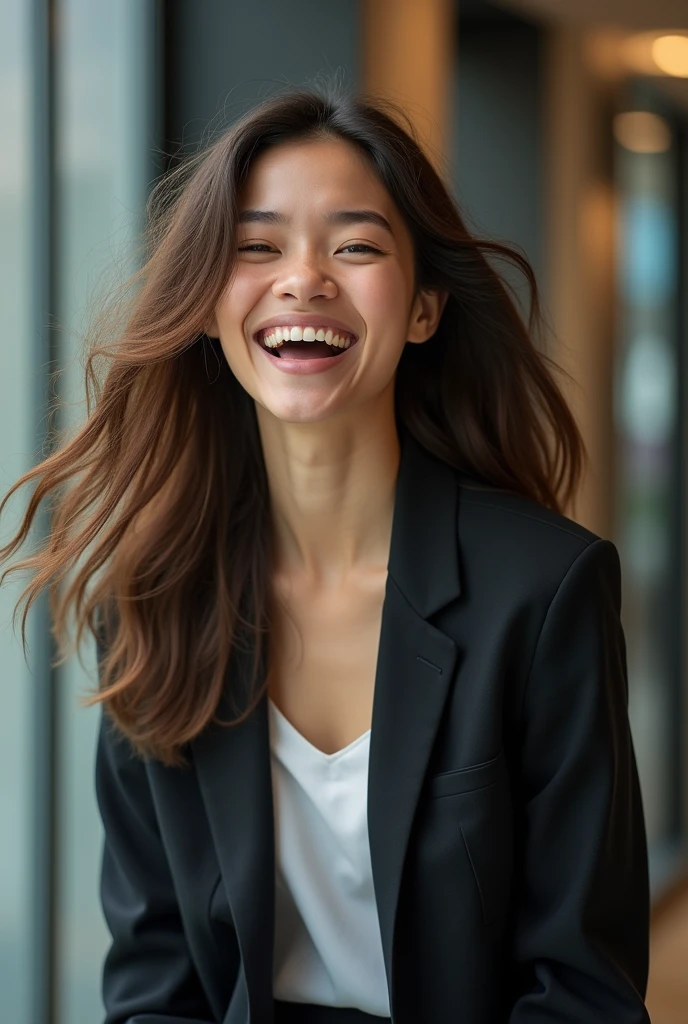 A candid shot of a young, beautiful lawyer, caught off guard as she laughs at something I said. She is wearing a fitted blazer and skirt, and her hair is down