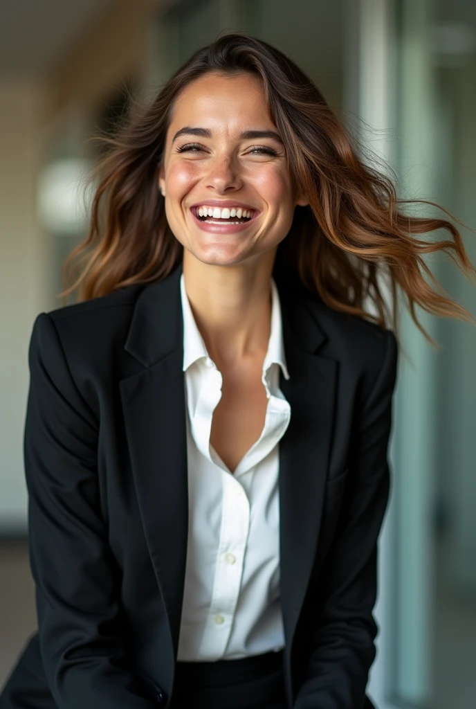 A candid shot of a young, beautiful lawyer, caught off guard as she laughs at something I said. She is wearing a fitted blazer and skirt, and her hair is down