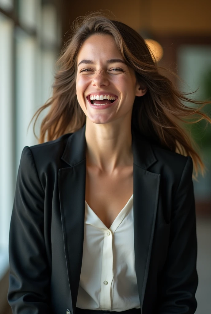 A candid shot of a young, beautiful lawyer, caught off guard as she laughs at something I said. She is wearing a fitted blazer and skirt, and her hair is down