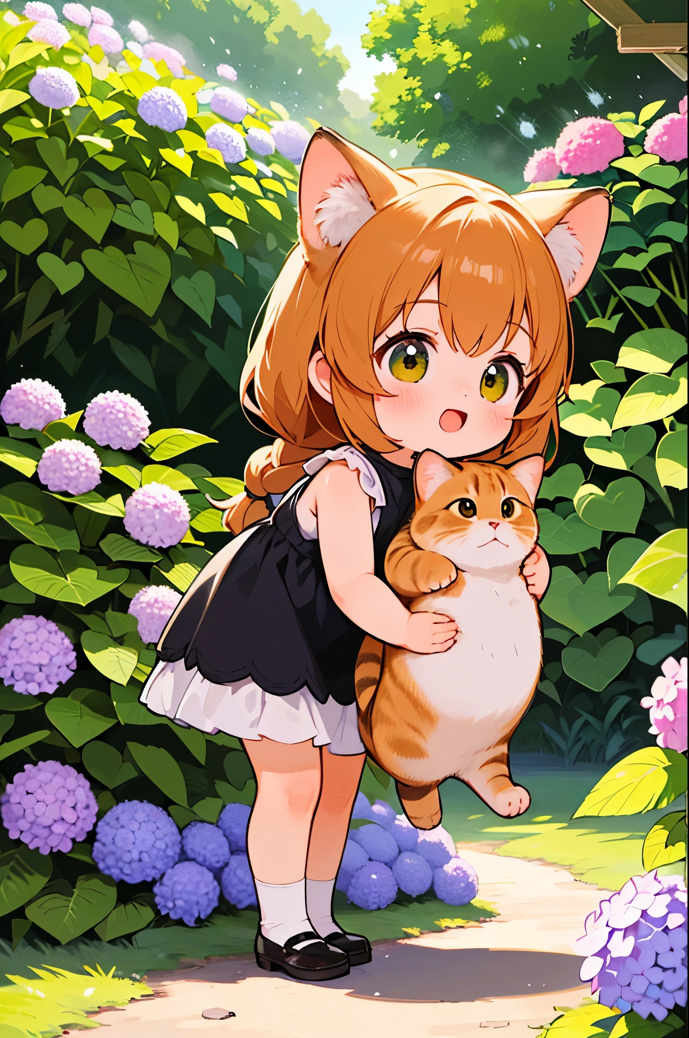 (best quality，4K，8K，high resolution，masterpiece:1.2), Very detailed, (Deformation, Practical, Practical:1.3)，A girl，Lovely，Very short stature，，have fun，Laugh happily, Brown eyes，length, Fluffy, Black braids，whtie sleeveless dress，Hug a cat，The cat is much bigger than the girl..，This cat is an orange cat，その猫はFluffy，Background of a country house garden for summer vacation，Hydrangea，