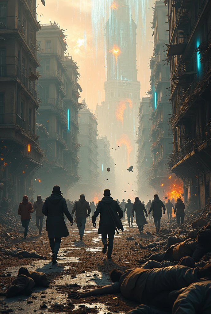 Destroyed buildings; people running away running; fallen bodies; and colored lights falling 