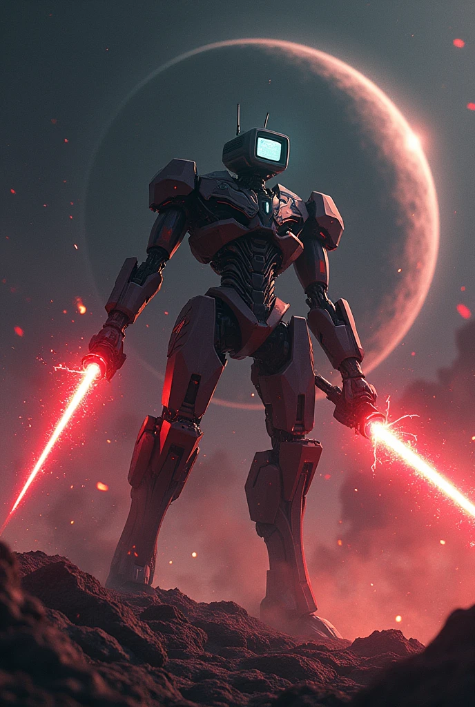 On space,black hole, robotic angry,TV head,Quad red,black.sword,laser red destroy planet