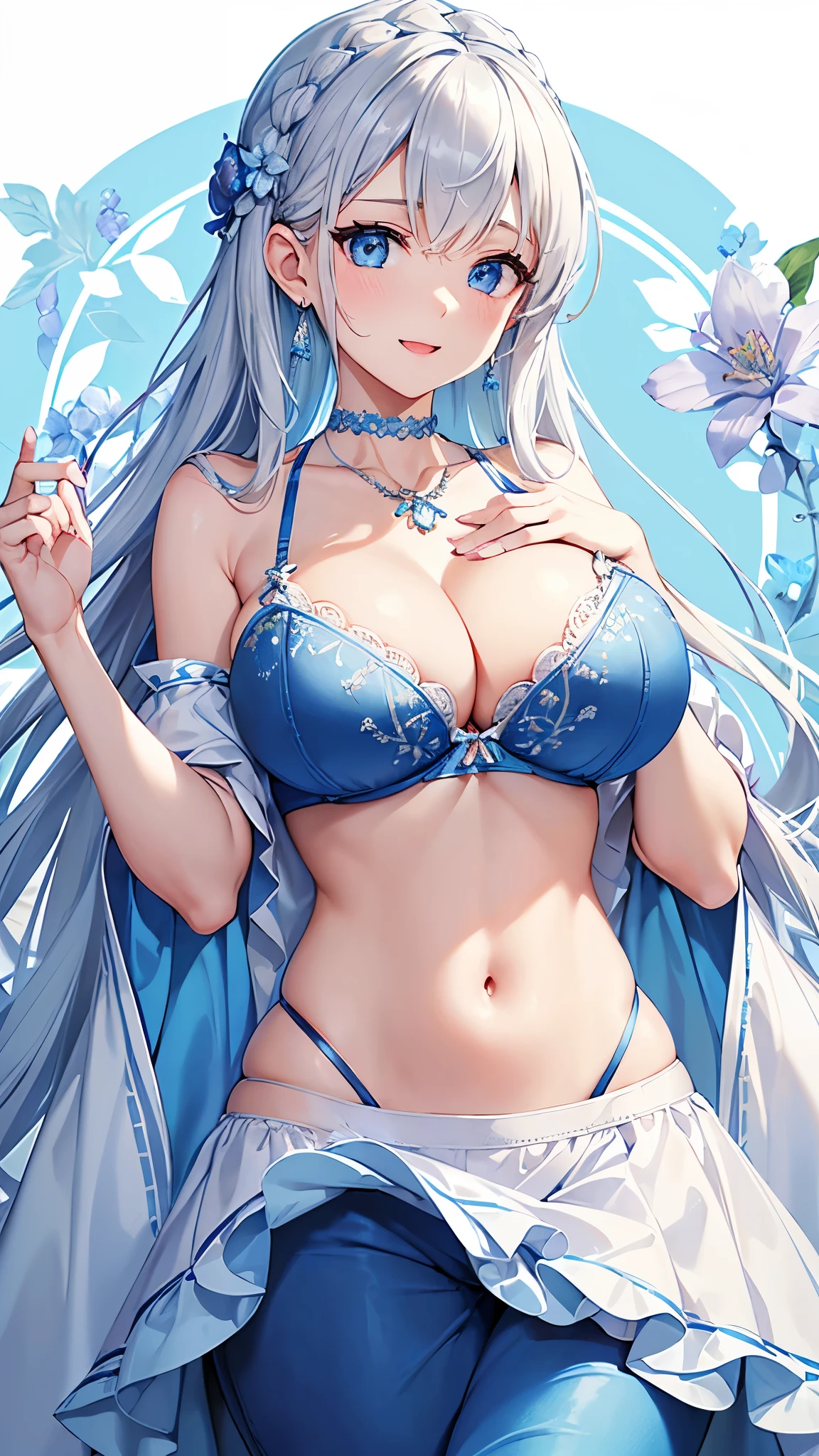 Highest quality、Highest quality、masterpiece、(8k resolution),beauty(Age 25)、(Mature Appearance)、Long white hair(Braiding of the sides)、blue eyes、(Light blue underwear with detailed embroidery、bra)、Big cleavage、((Super big breasts))、smile、blue necklace、Blue Earrings、background(flower)、Please open your mouth wide、Dynamic pose、Blue choker、