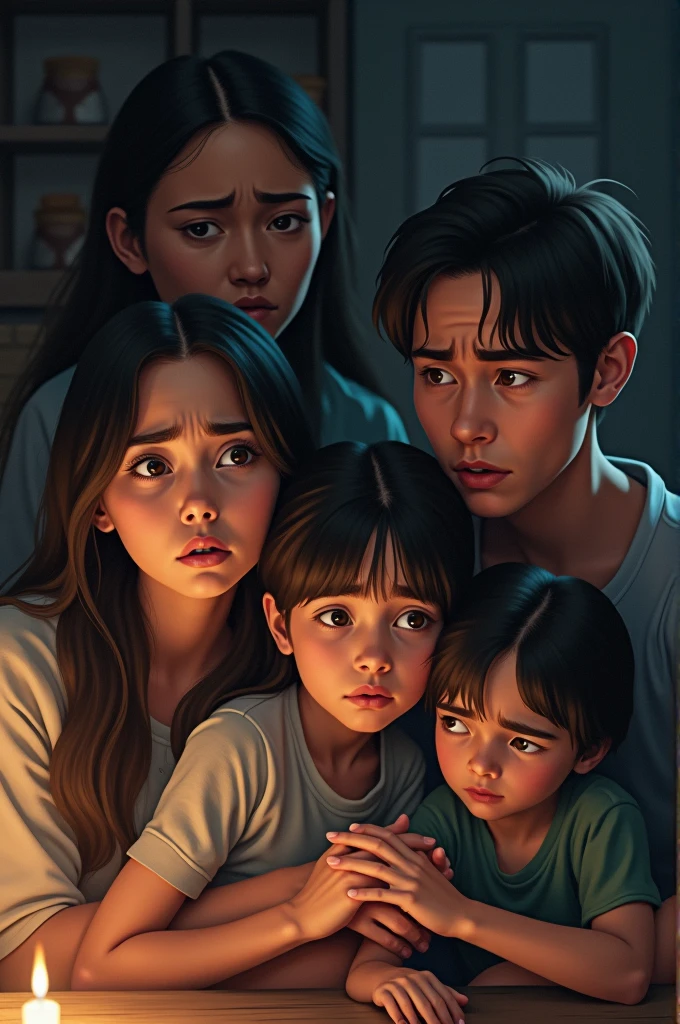 40 year old brown haired mother and father exchange distressed glances and the teenager is between the two of them