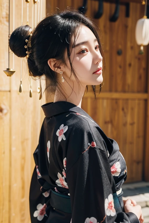 (22 year old Japanese beautiful girl,Thin eyebrows), (Small breasts,:1.5,),(solo,Textured skin, Detailed skin,Detailed face,Detailed eyes,detailed posing,High detail, Highest quality, Super detailed, Surrealism, ,8k,RAW Photos,Photographicism,Professional Lighting Ray Tracing,Aperture F1.2,Portrait Photography),(((Black Hair, Natural Makeup,Simple earrings,))),((yukata,Wind Chime Festival,Back view))