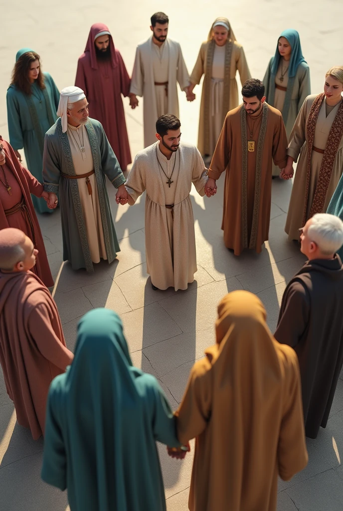 A powerful image of diverse people with different religions holding hands