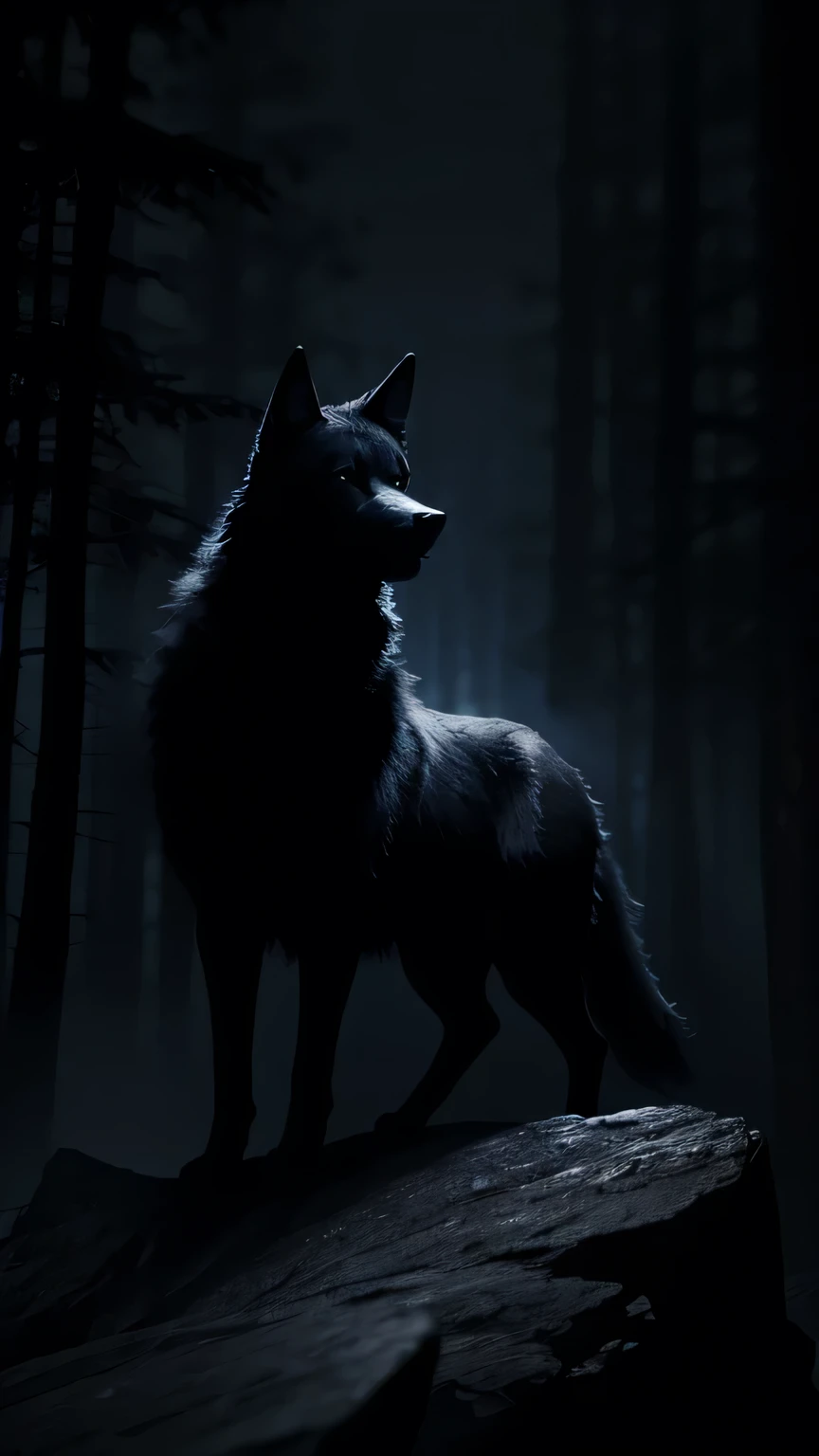 black wolf looking ahead, standing on a rock in a dark forest at night with fog