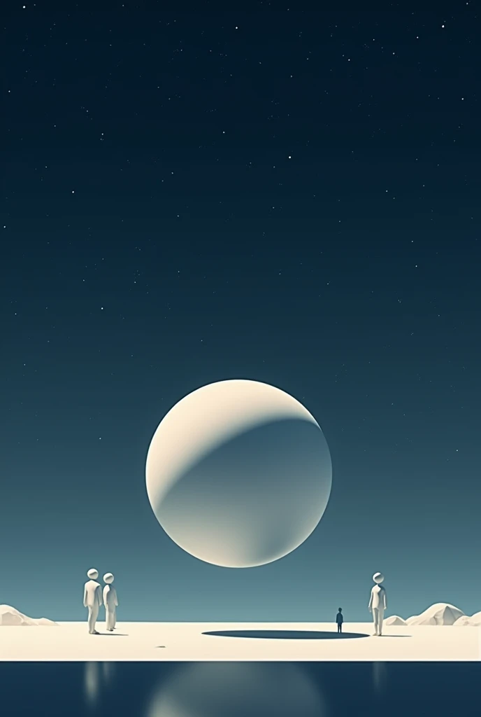 complete minimalism, side view, simple figures, flying ball, starry sky, platform below, simple figures in the distance