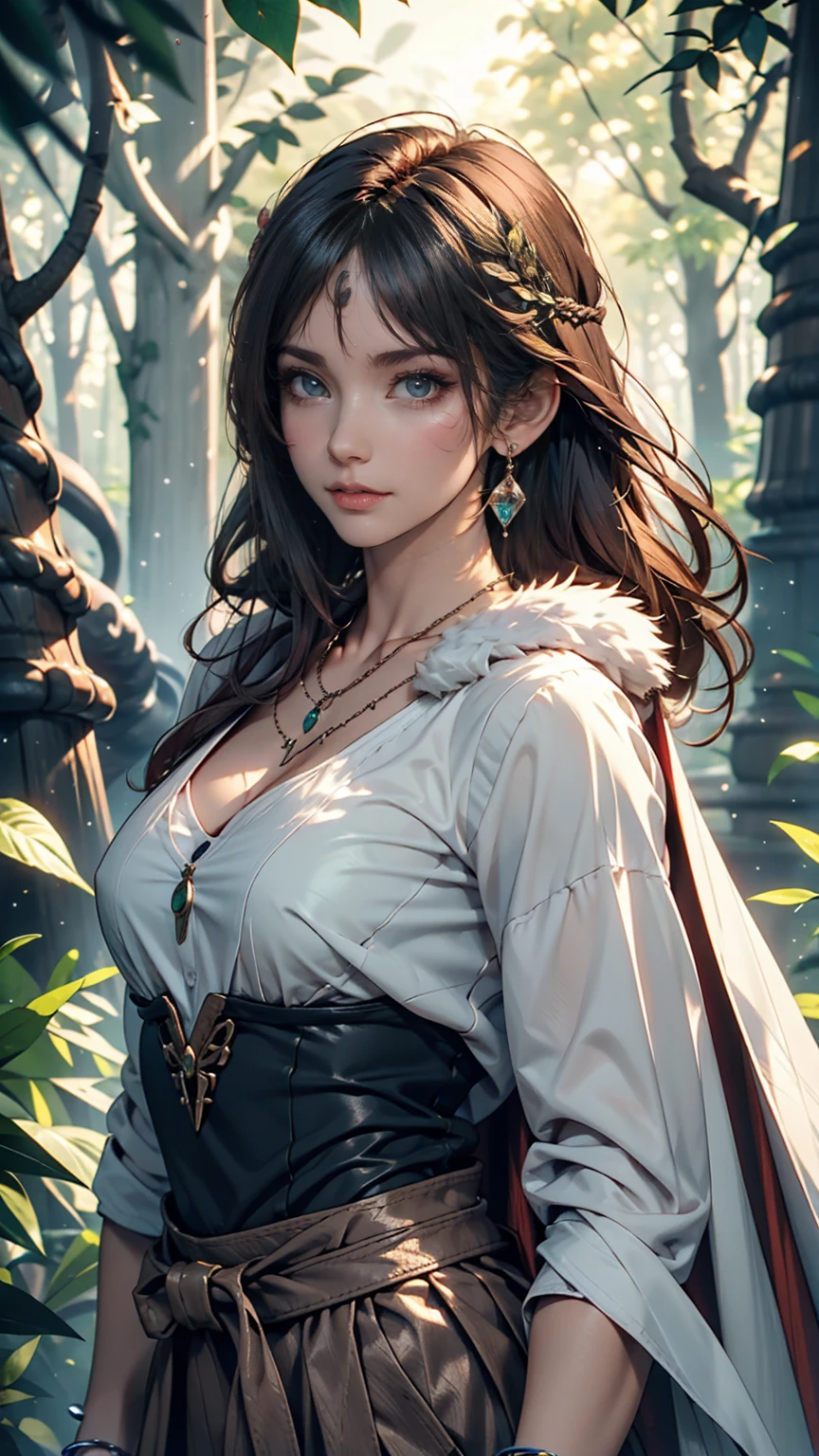 mj3d style,3dmm,3d,(masterpiece, Highest quality:1.1), Ghibli style, Mr. Miss. (mononoke hime), One person, Bracelet, bangs, Black Hair, black undershirt, chest, Cape, Circlet, Earrings, Face Paint, Floating Hair, forest, fur Cape, Green Eyes, jewelry, View your viewers, medium chest, nature, necklace, Outdoor, parted bangs, shirt, short hair, No sleeve, No sleeve shirt, alone, tooth necklace, wood, Upper Body, white shirt