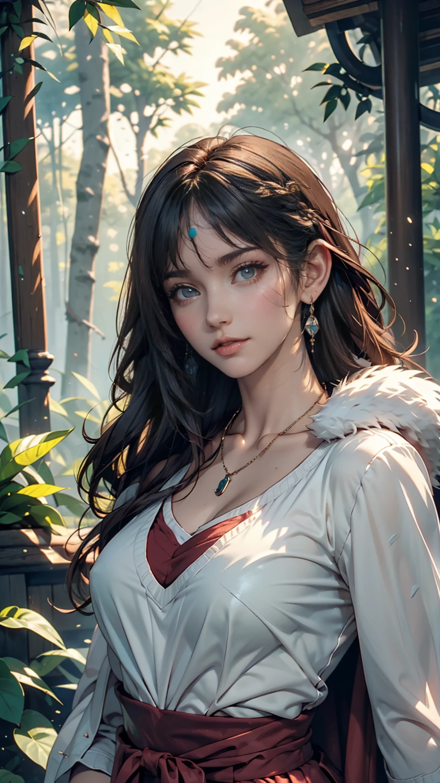 mj3d style,3dmm,3d,(masterpiece, Highest quality:1.1), Ghibli style, Mr. Miss. (mononoke hime), One person, Bracelet, bangs, Black Hair, black undershirt, chest, Cape, Circlet, Earrings, Face Paint, Floating Hair, forest, fur Cape, Green Eyes, jewelry, View your viewers, medium chest, nature, necklace, Outdoor, parted bangs, shirt, short hair, No sleeve, No sleeve shirt, alone, tooth necklace, wood, Upper Body, white shirt