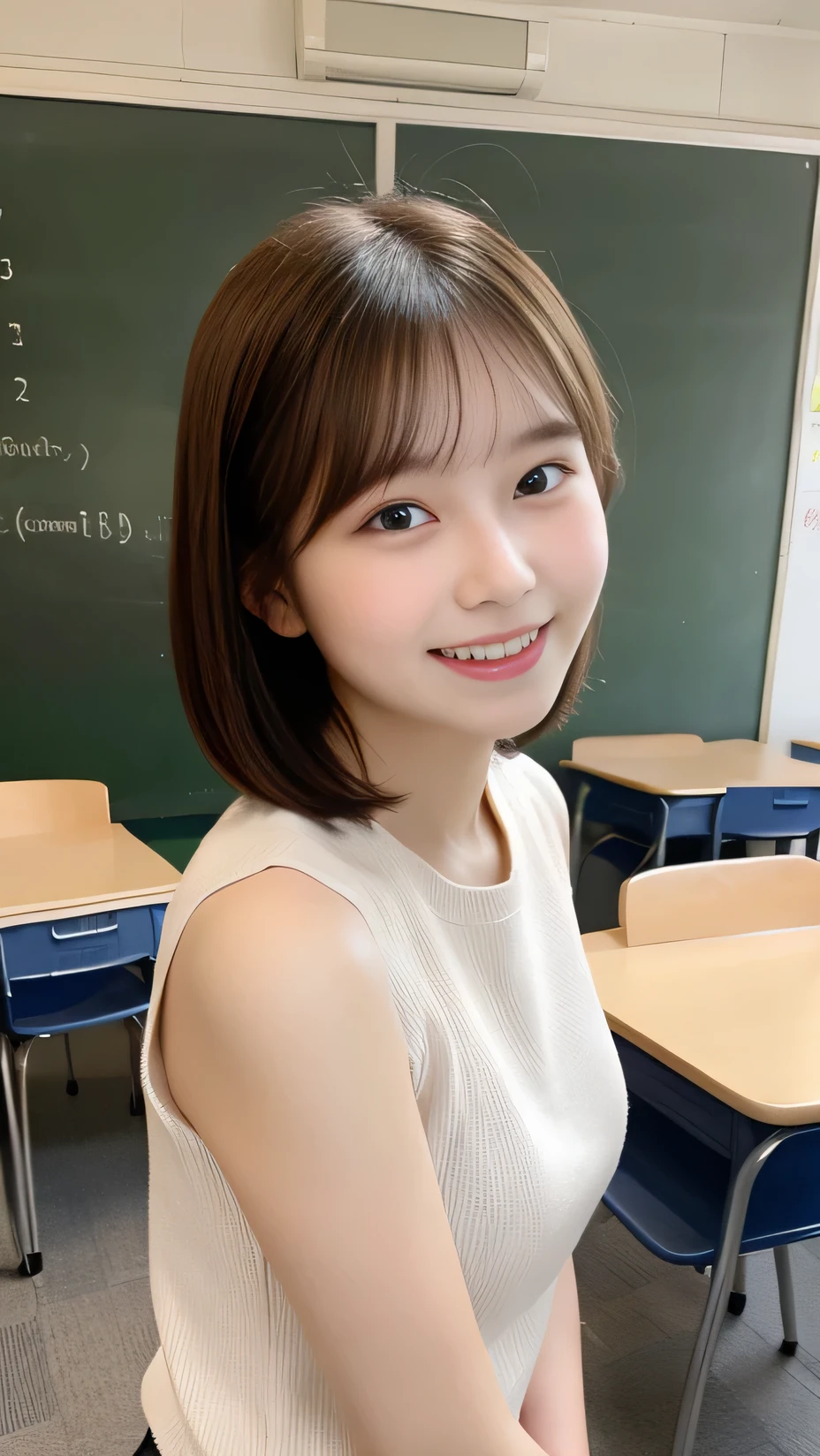 Highest quality, Very detailed、High resolution, 8k wallpaper, Flawless、Small breasts、2、female teacher、student teacher、Sleeveless shirt、Big Eyes、Innocent expression、Shy laugh、short hair、staff room、School、