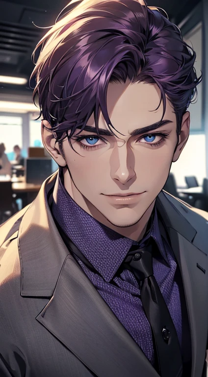 (best quality,4k,8k,highres,masterpiece:1.2),ultra-detailed,(realistic,photorealistic,photo-realistic:1.37),1 man,3,mature man,very handsome,without expression,smile,short purple hair,blue eyes,penetrating gaze,perfect face without errors,imposing posture,businessman,office background,cinematic lighting,hdr image