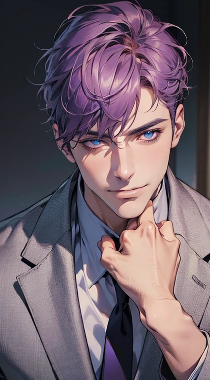 (best quality,4k,8k,highres,masterpiece:1.2),ultra-detailed,(realistic,photorealistic,photo-realistic:1.37),1 man,3,mature man,very handsome,without expression,smile,short purple hair,blue eyes,penetrating gaze,perfect face without errors,imposing posture,businessman,office background,cinematic lighting,hdr image