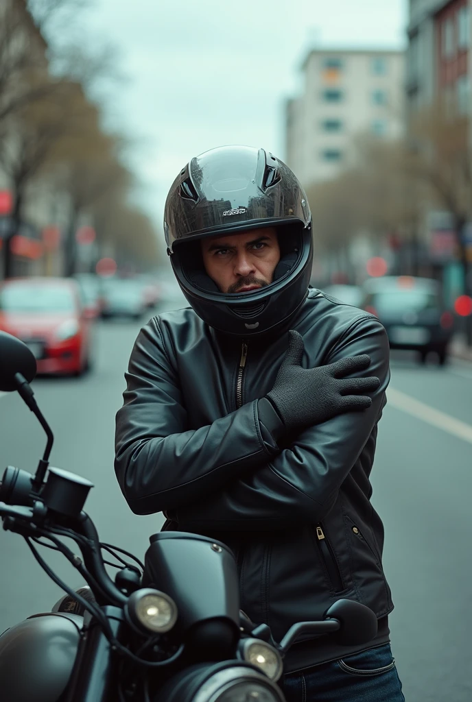 horizontal image of a motorcyclist leaning against a parked motorcycle, wearing a helmet with an open visor, where you can see his face with a serious expression, he is in front, making a disapproving gesture with his hand. in the background there is a street with several cars and buildings. The sky is cloudy.