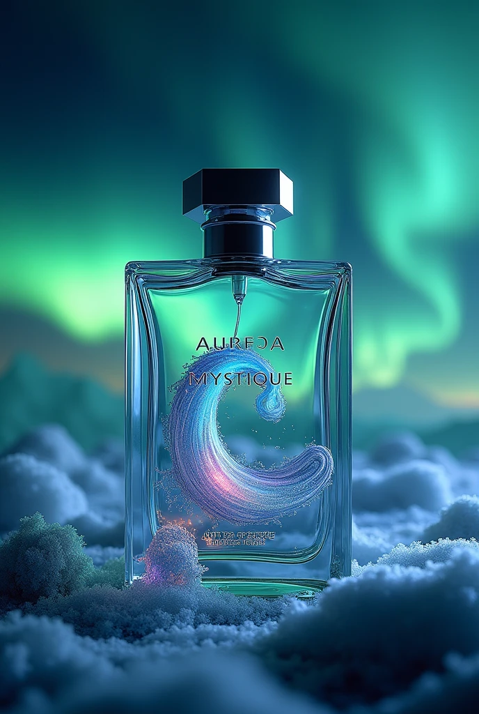 a billboard for a perfume with a square bottle called aurora mystique inspired by the northern lights