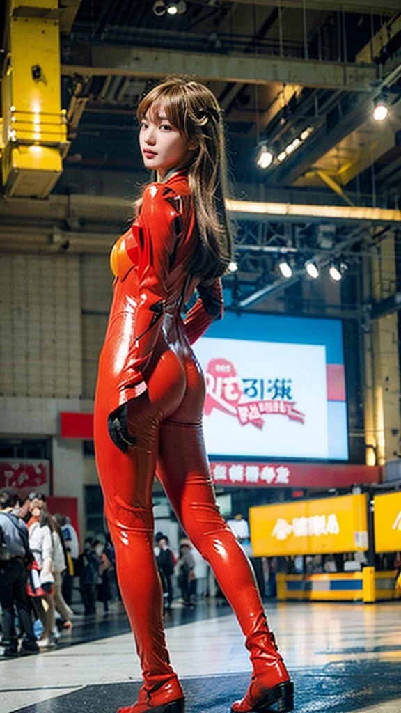 Highest quality, masterpiece, Realistic, photoRealistic, One person, alone, View your viewers,15 year old beautiful girl、low length、Small breasts、 whole body, Are standing, Long Hair, asuka Cosplay costume, Cosplay, Plug Suit, Bodysuits, hair ornaments, Shibuya downtown.Small breasts