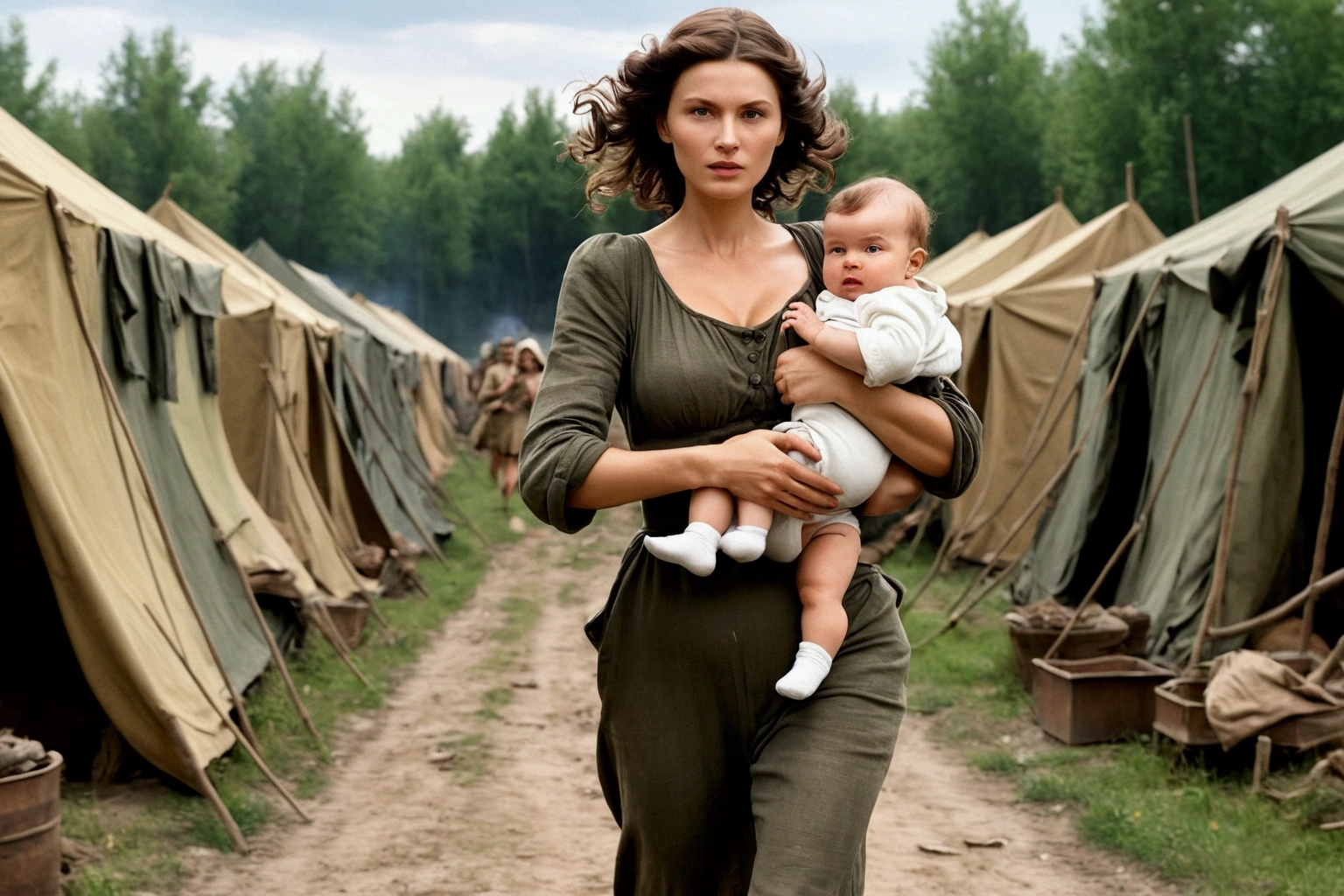 Create a representation of Stanisława Leszczyńska in the midst of war camp, holding a  running on the middle of the war. Showing her legs and partially exposed chest, but ensure the baby is completely shielded from any danger. full body, sexy body, showing her sexy legs, showing big boobs