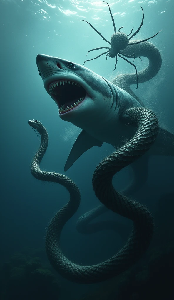 Wallpaper with a great white shark, a spider and a snake