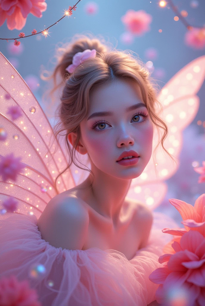 ((masterpiece:1.5)). This piece of art is sweet., dreamer, idyllic and ethereal, with soft violet watercolor tones and many details of bubbles adorned with iridescent colors. beautiful fairy dress, Generate a delicate and demure fae exploring a (Bubblegum World with a wide variety of pastel shades).(floating low), Her sweet face is extremely detailed and realistic with elegant features.., Un perfecto, half-open and sensual mouth ,with swelling, kissable lips, and it seems ((((un elegant Micarah Tewers)))). Her lips are a uniform shade of pink... Includes fun and awesome features.. very realistic eyes. Your eyes are important and must be hyperrealistic., Very detailed and beautiful. In high definition and detail, Includes many details such as stars, galaxies, colored bubbles, colored petals, bright paint drops, Iridescence, and a lot of energy and emotion. the mouth is important!)), ((Includes fantasy details:1.6)), Improved details, Iridescence, Colorful and bright wind, y polen. Pay special attention to your face and make sure it is beautifully detailed and realistic..... camera: This art is dreamlike and ethereal and the camera should emphasize those characteristics..... Create something strikingly beautiful with fairy tones. Using dynamic composition techniques, ((imaginative scene)),((perfect, meticulously detailed:1.4)), ((full shot: 1.4, dynamic pose:1.3)), ((Best Quality)), ((masterpiece)) , 3D, (hyper detailed: 1.3), ((epic landscape: 1.3)), (photorealistic: 1.4), ((Frontal camera, long shot)), ((Low light night cinema lighting: 1.2)) .32K.