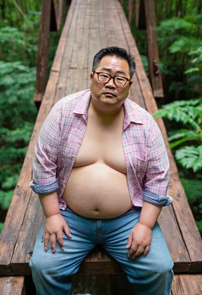Man, Asian, 50 years old, Fat, Chubby, wearing glasses, a thin, light pink plaid shirt, Unbuttoned the shirt, Shirtless, shirtless, wearing Jeans, sitting, the wooden bridge, deep forest, looking sad, Top view.
