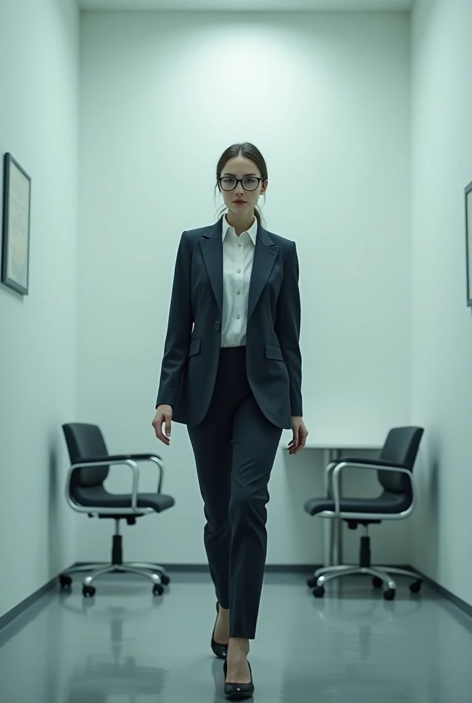 A wide shot of an interrogation room, with a young, attractive female lawyer standing in the center. She is wearing a tailored suit and glasses, and is pacing back and forth as she interrogates me.