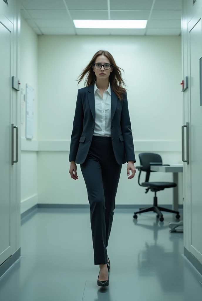 A wide shot of an interrogation room, with a young, attractive female lawyer standing in the center. She is wearing a tailored suit and glasses, and is pacing back and forth as she interrogates me.