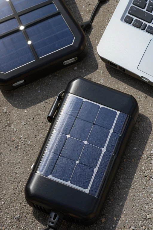 A portable solar charger is used to charge electronic devices and helps reduce electricity consumption.