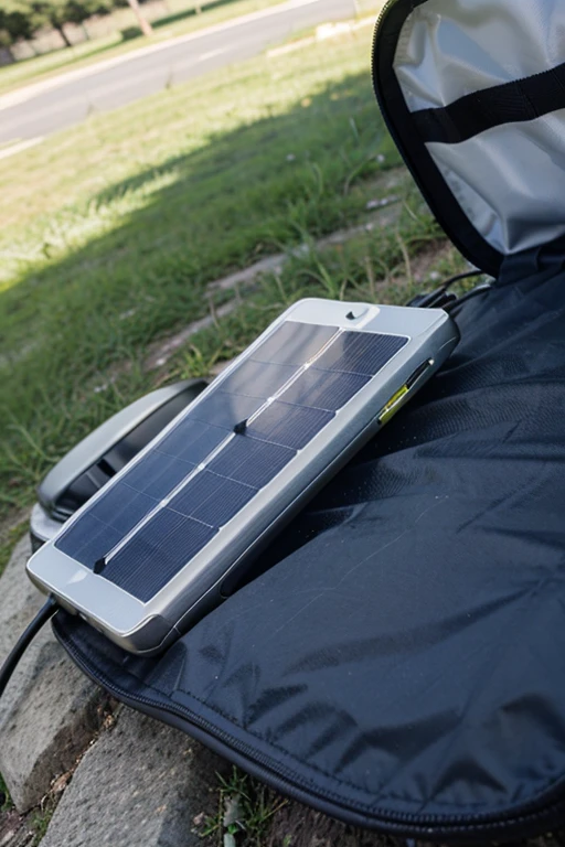  A portable solar charger is used to charge electronic devices and helps reduce electricity consumption.