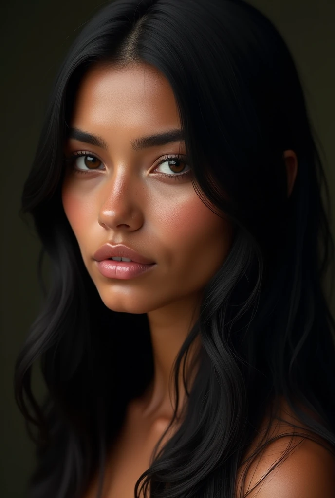 A Brazilian woman with long, straight black hair, slightly dark skin, sunburn-like, small black eyes reminiscent of an indigenous person, beautiful and common nose
