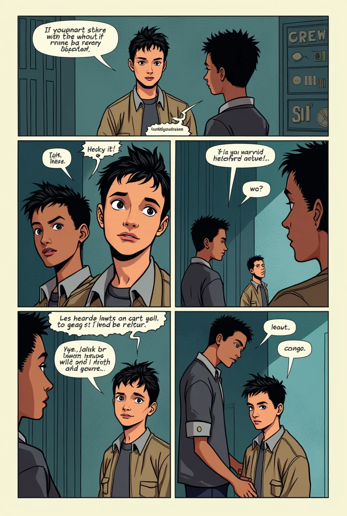 Make me a comic strip ,that has dialogues ,about a teenager ,that the comic strip has 4 pages , about these topics : authoritarianism and deception