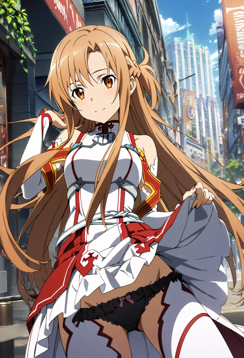 1girl, asuna \(sao\), sword art online, skirt lift,frilled panties,city,masterpiece, best quality, absurdres,