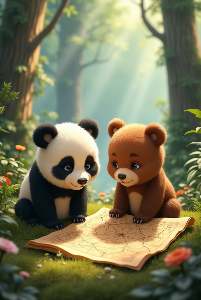 Make a picture where a panda bear and a brown bear are looking at an old map in a forest full of trees. The little bears