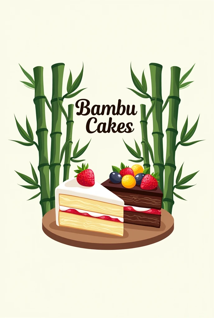Logo for a cake shop with images of very green bamboo and cakes and the name bambu cakes 

