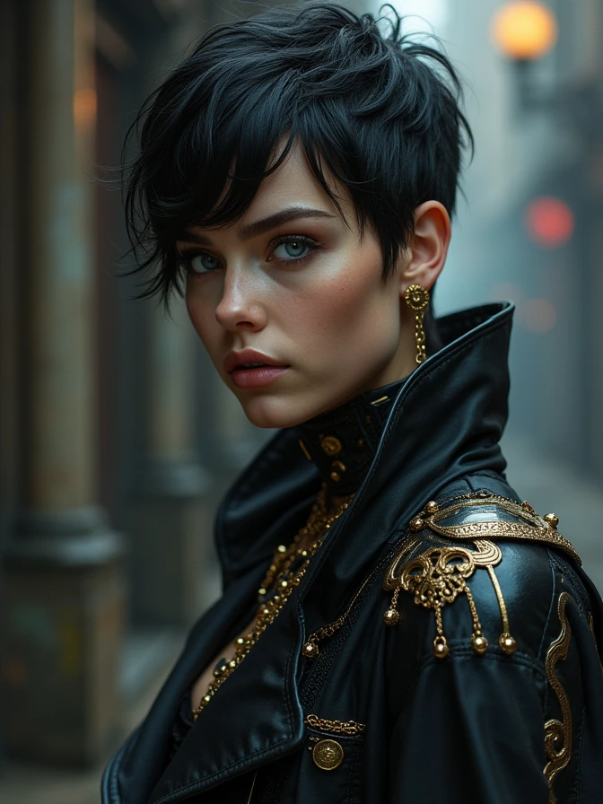 full body shot of one Beautiful woman. dark brown hair, pixie haircut. blue eyes. daring outfit. goth tomboy. maidenly charm. space rogue butler. Knightly cyber armor. golden accessories. Napoleonic trenchcoat. Dark sci-fi. Warhammer 40k. Dieselpunk. baroque oil painting.