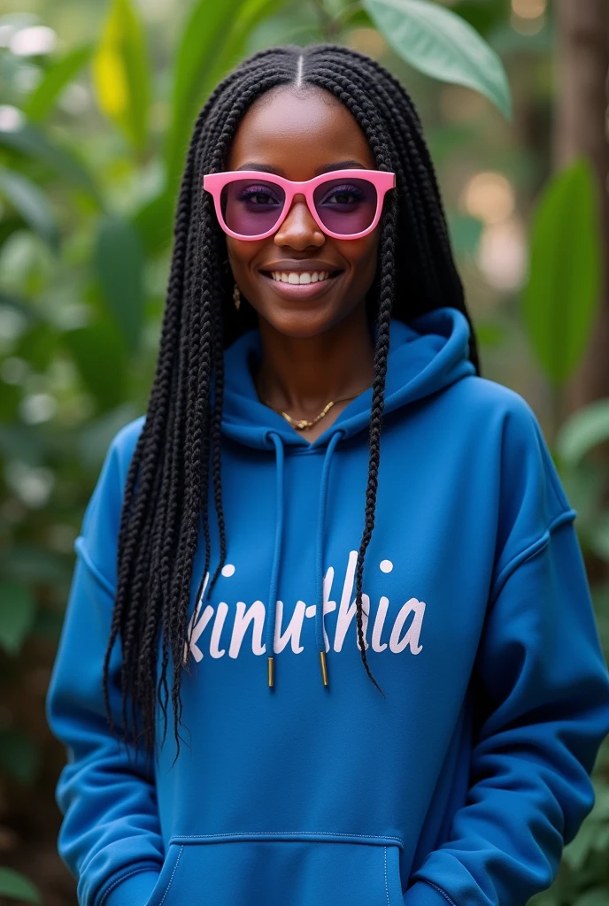 (photorealism:1.2), beautiful black African woman,22 years,sharp boobs, smiling wearing a fitting blue hoodie written "Kinuthia",long braids, black  oversized pink photo chromatic glasses, standing , plants in background cardi B inspiration 