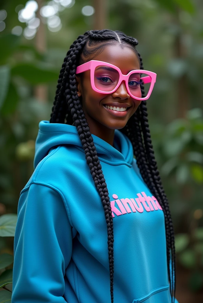 (photorealism:1.2), beautiful black African woman,22 years,sharp boobs, smiling wearing a fitting blue hoodie written "Kinuthia",long braids, black oversized pink photo chromatic glasses, standing , plants in background cardi B inspiration