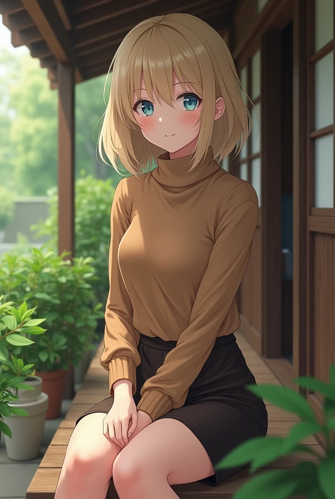 (photorealism:1.2), Anime woman, light blonde, wearing brown turtleneck sweater, wearing pencil skirt, short hair, smile, blue eyes, grown woman, full body, sitting on the porch, japanese style home, plants in the garden
