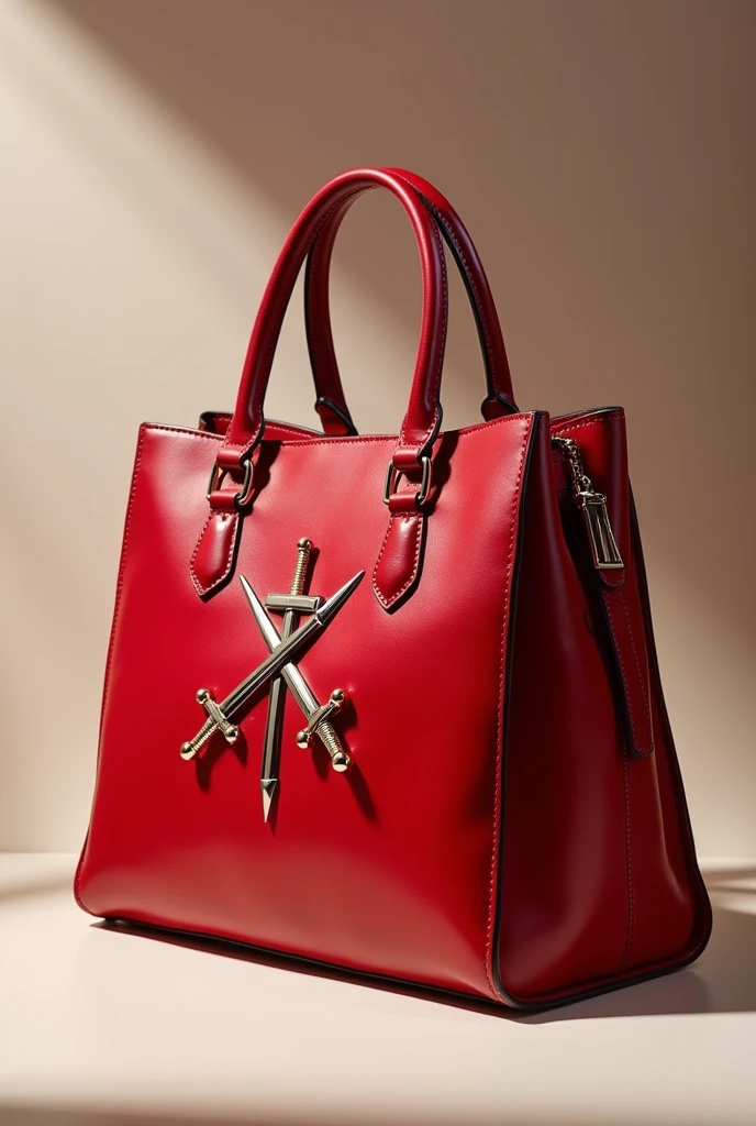 Luxury red leather bag, with seal of two swords in the form of "X"
