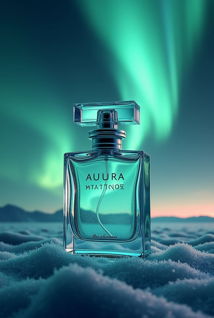 a billboard for a perfume with a square bottle called aurora mystique inspired by the northern lights