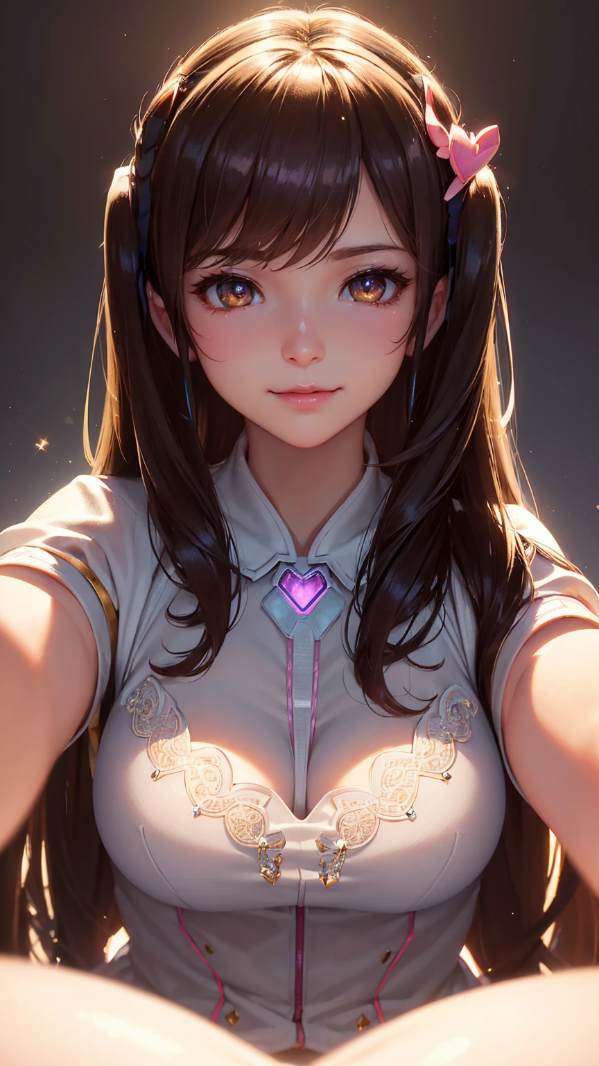 (masterpiece), (best quality), (intricate details), high resolution, visually stunning, sidelighting, deep shadow, nothing but white background, (Dva from overwatch), brown hair, heart-shaped pupils, amber eyes, innocent smile, cinematic lighting, sparkle, ray tracing, backlighting, ((super shiny face)),