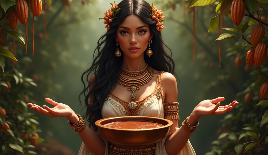 Mayan goddess IXCACAO, light brown skinned goddess, chocolate goddess, of fertility, of abundance and agriculture. in the background cocoa beans and melted chocolate, convey depth, the goddess holds a copper bowl of cocoa in both hands