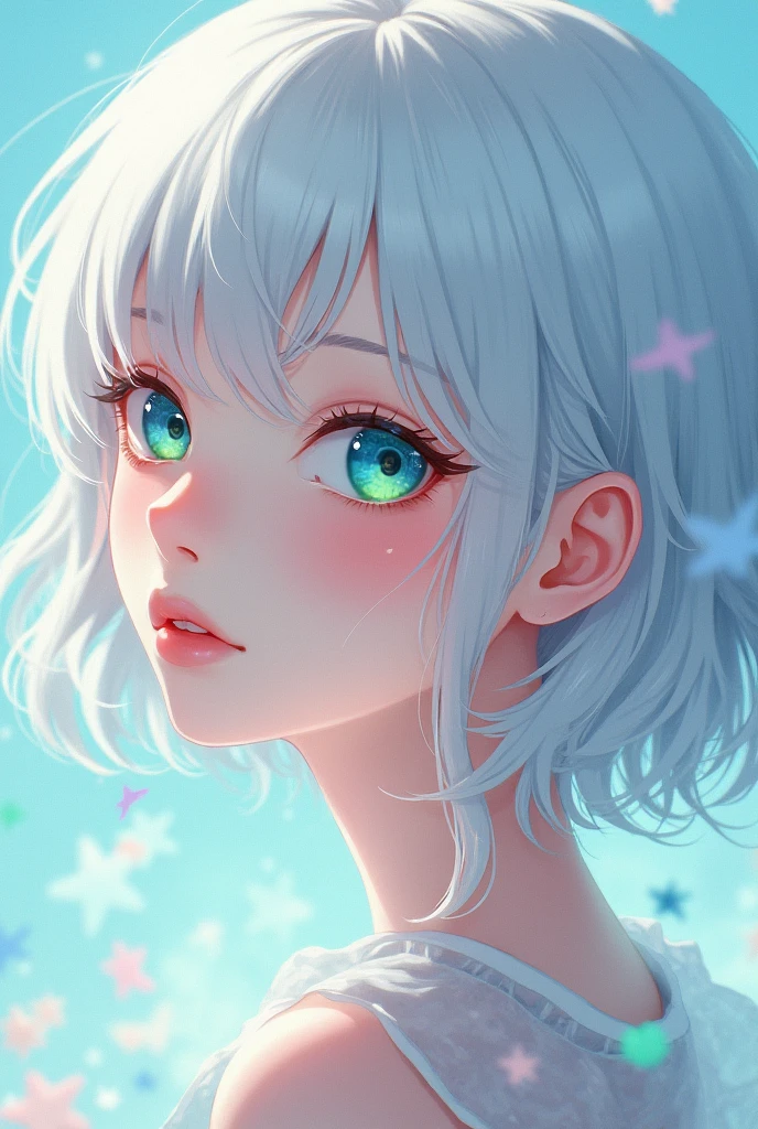 anime style, young adult woman, with blue right eye and green left eye, short white hair.
The most beautiful thing in the world.