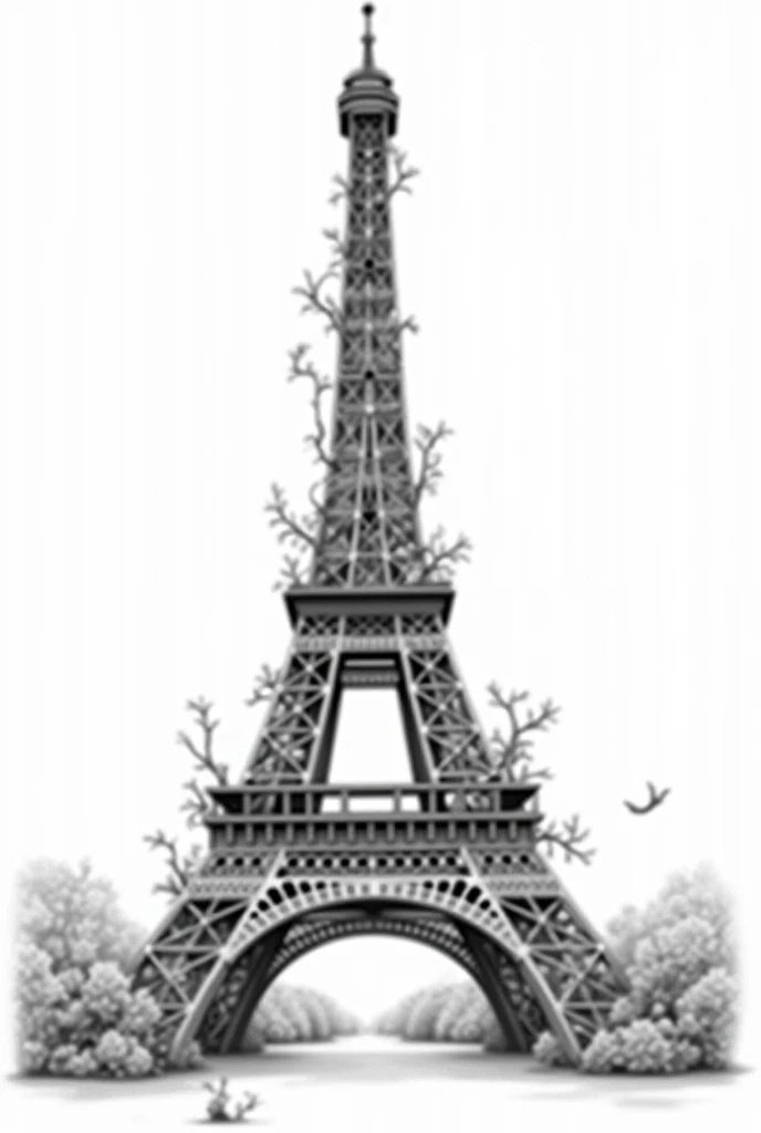 An easy black and white drawing of the Eiffel Tower made of plants 
