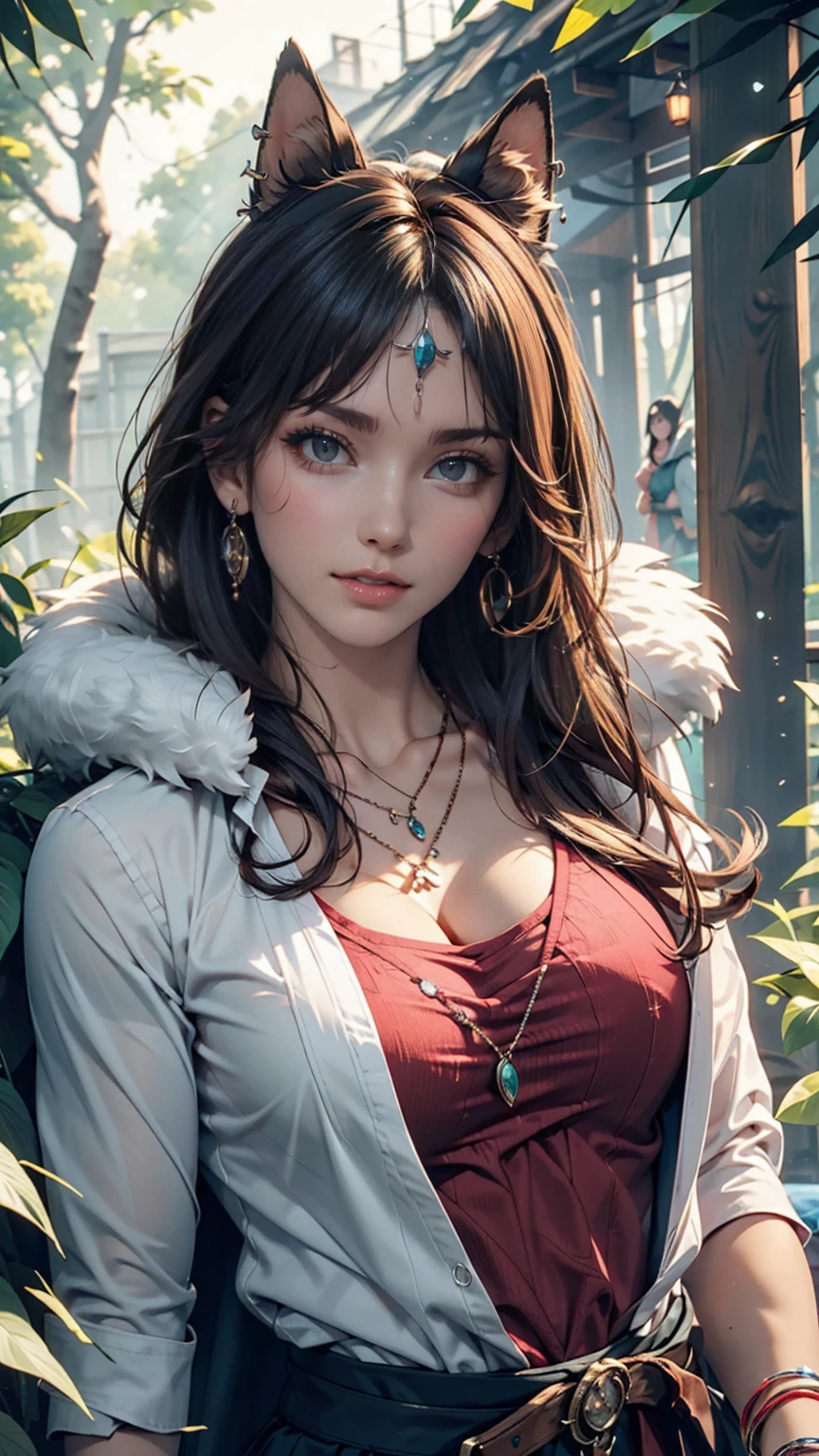 mj3d style,3dmm,3d,(masterpiece, Highest quality:1.1), Ghibli style, Mr. Miss. (mononoke hime), One person, Bracelet, bangs, Black Hair, black undershirt, chest, Cape, Circlet, Earrings, Face Paint, Floating Hair, forest, fur Cape, Green Eyes, jewelry, View your viewers, medium chest, nature, necklace, Outdoor, parted bangs, shirt, short hair, No sleeve, No sleeve shirt, alone, tooth necklace, wood, Upper Body, white shirt